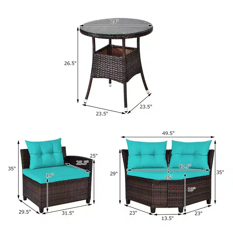 Costway 4-teiliges Outdoor-Patio-Rattanmöbel-Set mit gepolstertem Sofa und Tisch in Türkis/Schwarz/Marineblau/Rot