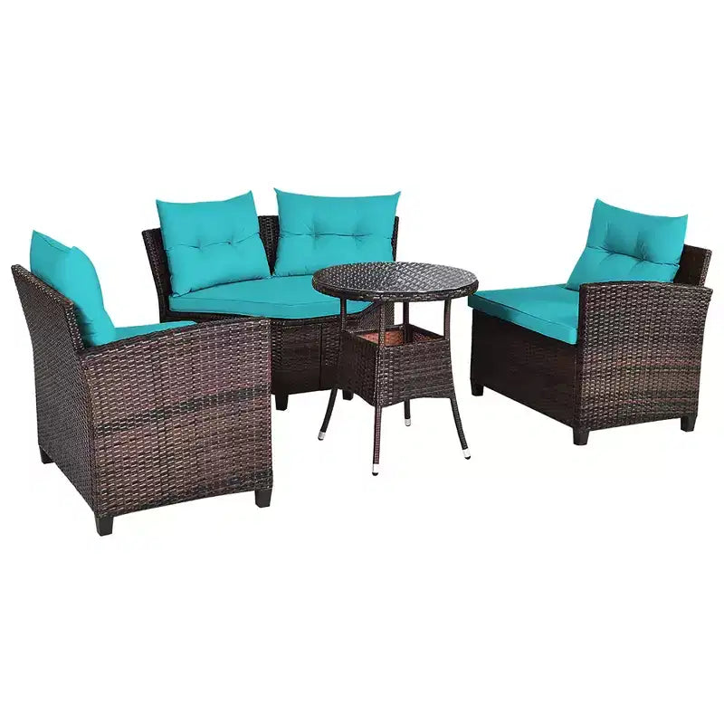 Costway 4-teiliges Outdoor-Patio-Rattanmöbel-Set mit gepolstertem Sofa und Tisch in Türkis/Schwarz/Marineblau/Rot