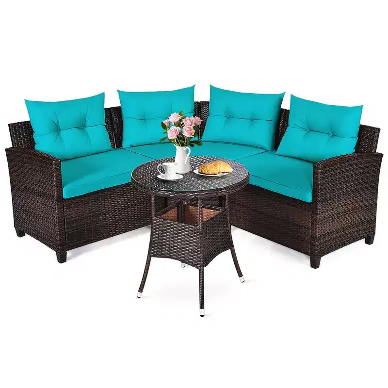 Costway 4-teiliges Outdoor-Patio-Rattanmöbel-Set mit gepolstertem Sofa und Tisch in Türkis/Schwarz/Marineblau/Rot