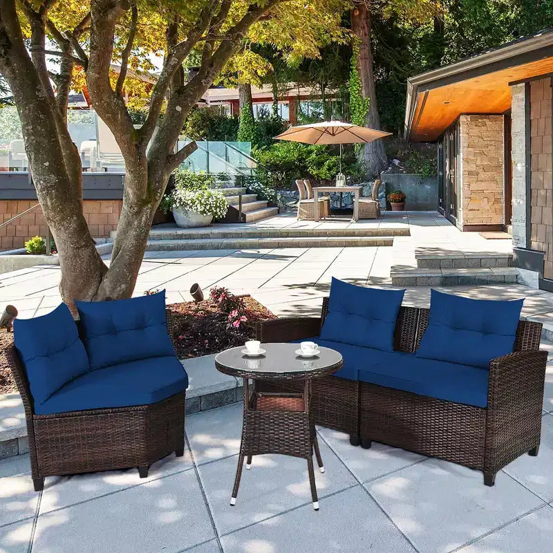 Costway 4-teiliges Outdoor-Patio-Rattanmöbel-Set mit gepolstertem Sofa und Tisch in Türkis/Schwarz/Marineblau/Rot