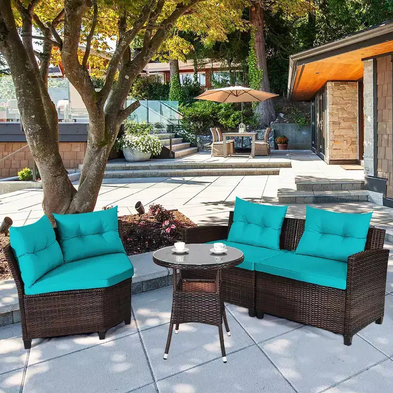 Costway 4-teiliges Outdoor-Patio-Rattanmöbel-Set mit gepolstertem Sofa und Tisch in Türkis/Schwarz/Marineblau/Rot