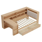 L-förmiges Holzsofa-Tagesbett mit Schreibtisch, Bücherregal, Eckbett mit Schubladen unter dem Bett, gepolstertem Kopfteil und integrierter Beleuchtung