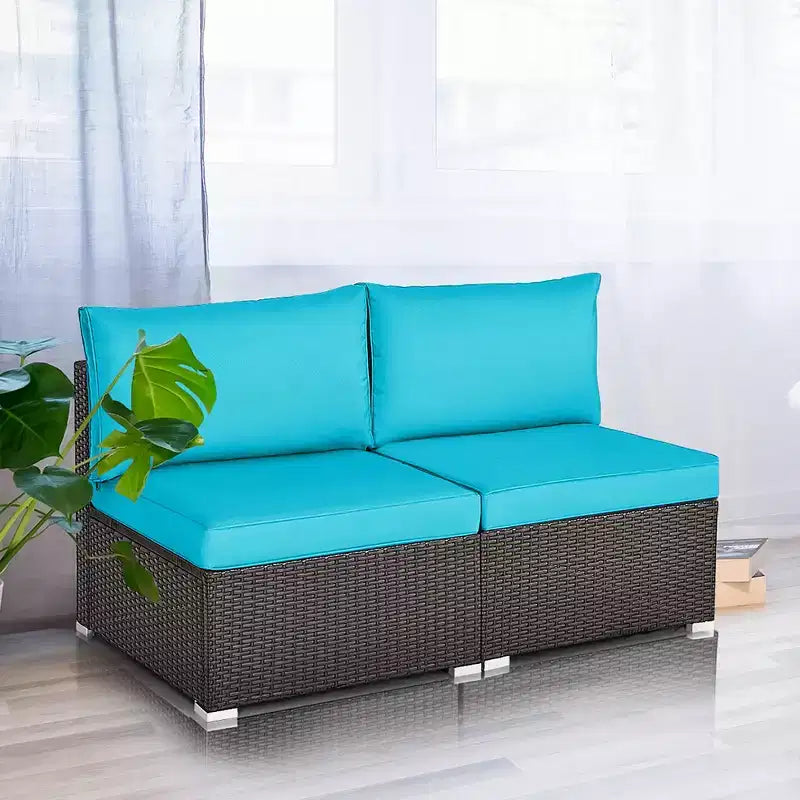 Costway 2-teiliges Garten-Rattan-Sofa-Set ohne Armlehnen, modulares Loungeset mit Kissen