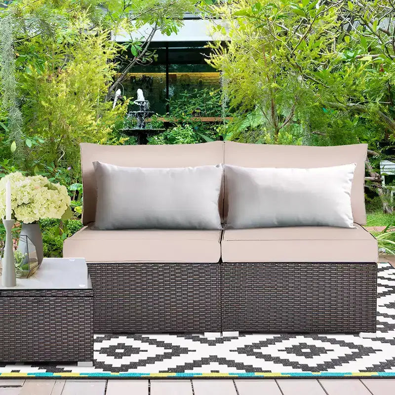 Costway 2-teiliges Garten-Rattan-Sofa-Set ohne Armlehnen, modulares Loungeset mit Kissen