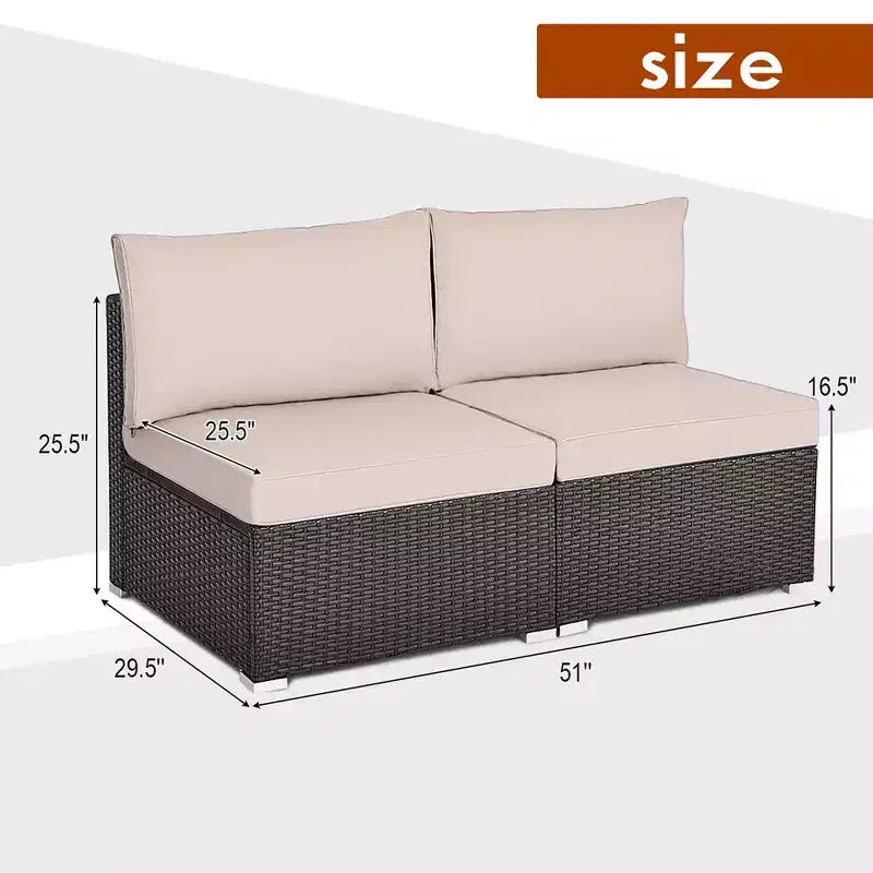 Costway 2-teiliges Garten-Rattan-Sofa-Set ohne Armlehnen, modulares Loungeset mit Kissen