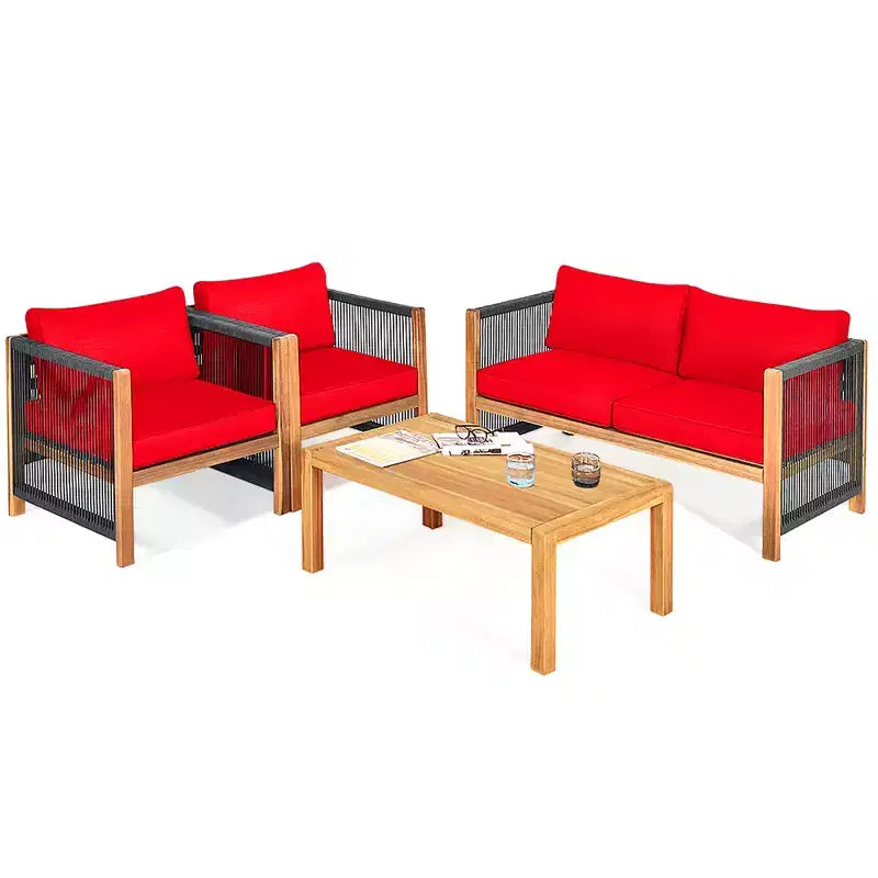 Costway 8-teilige Holz-Gartenmöbelgarnitur gepolstertes Sofa mit Seilarmlehne Weiß/Türkis/Rot