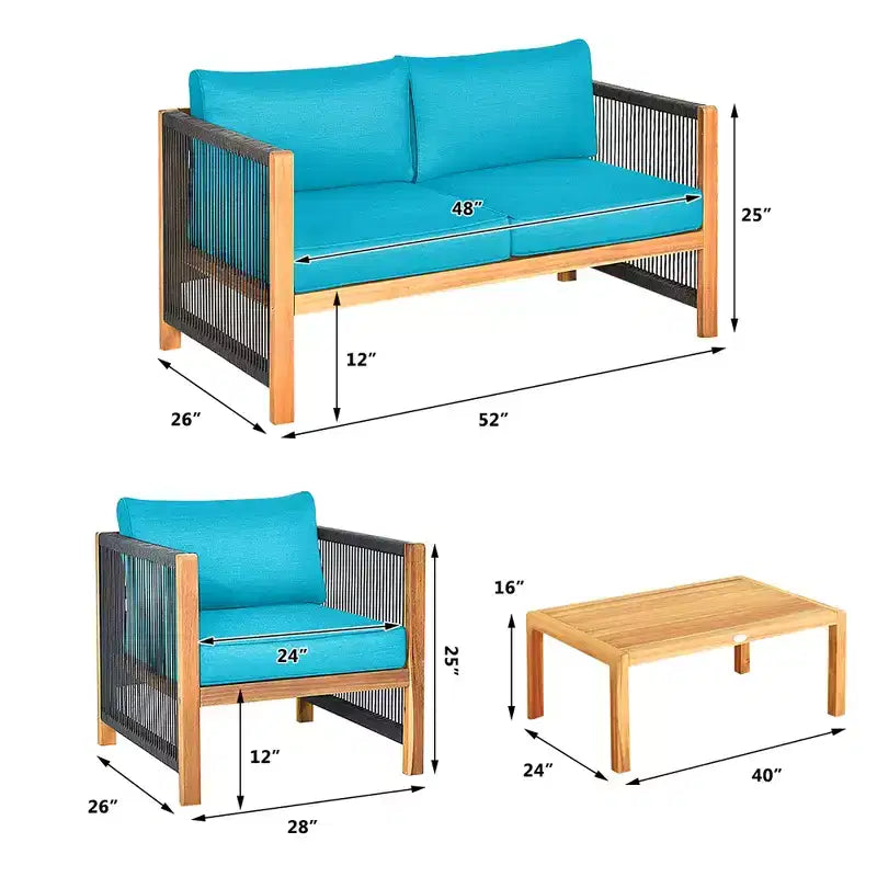 Costway 8-teilige Holz-Gartenmöbelgarnitur gepolstertes Sofa mit Seilarmlehne Weiß/Türkis/Rot