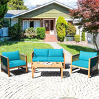 Costway 8-teilige Holz-Gartenmöbelgarnitur gepolstertes Sofa mit Seilarmlehne Weiß/Türkis/Rot