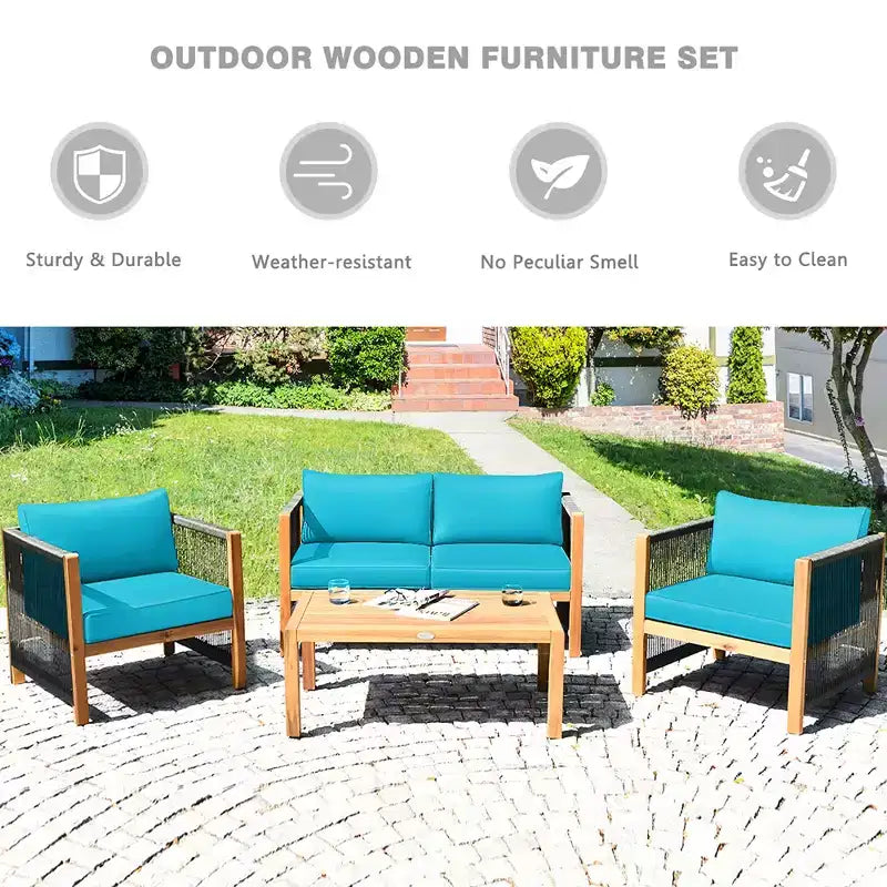 Costway 8-teilige Holz-Gartenmöbelgarnitur gepolstertes Sofa mit Seilarmlehne Weiß/Türkis/Rot