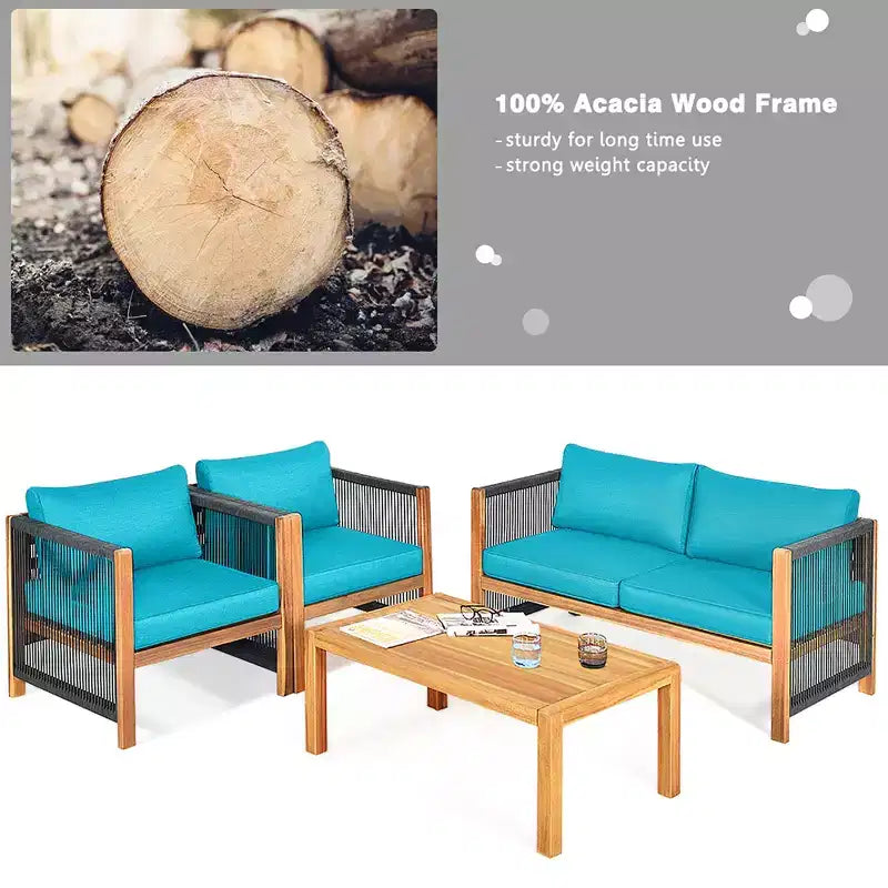 Costway 8-teilige Holz-Gartenmöbelgarnitur gepolstertes Sofa mit Seilarmlehne Weiß/Türkis/Rot