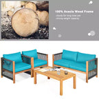 Costway 8-teilige Holz-Gartenmöbelgarnitur gepolstertes Sofa mit Seilarmlehne Weiß/Türkis/Rot