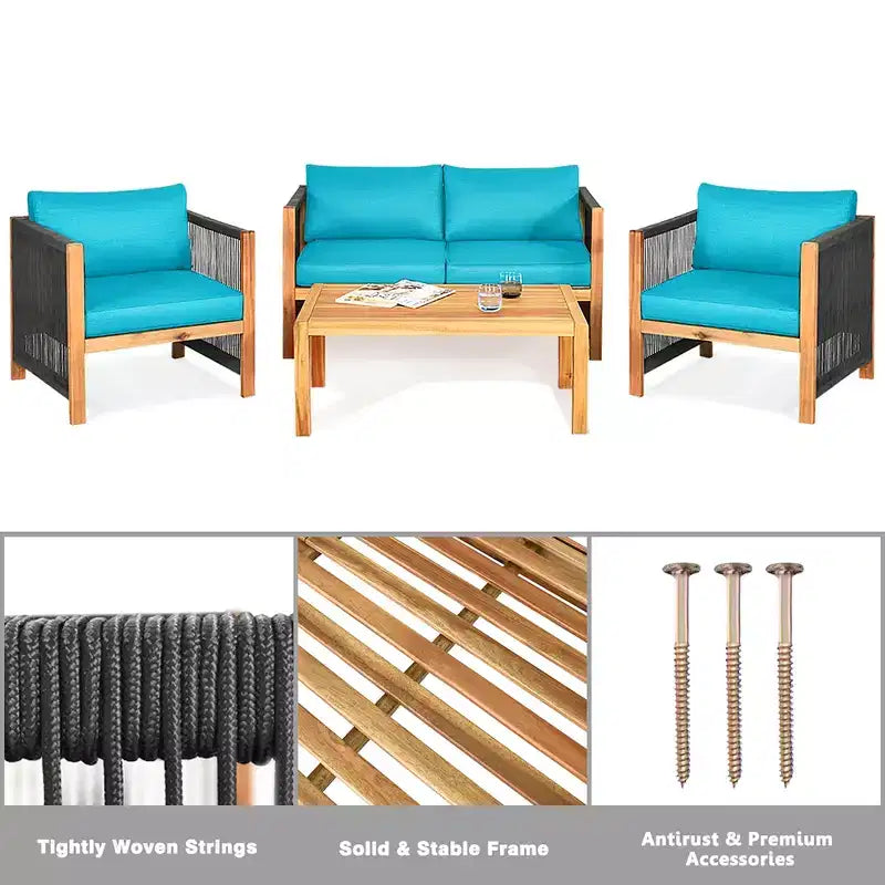 Costway 8-teilige Holz-Gartenmöbelgarnitur gepolstertes Sofa mit Seilarmlehne Weiß/Türkis/Rot