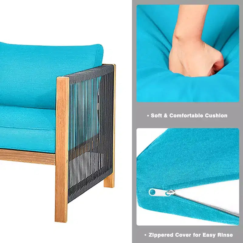 Costway 8-teilige Holz-Gartenmöbelgarnitur gepolstertes Sofa mit Seilarmlehne Weiß/Türkis/Rot