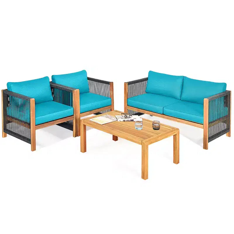Costway 8-teilige Holz-Gartenmöbelgarnitur gepolstertes Sofa mit Seilarmlehne Weiß/Türkis/Rot