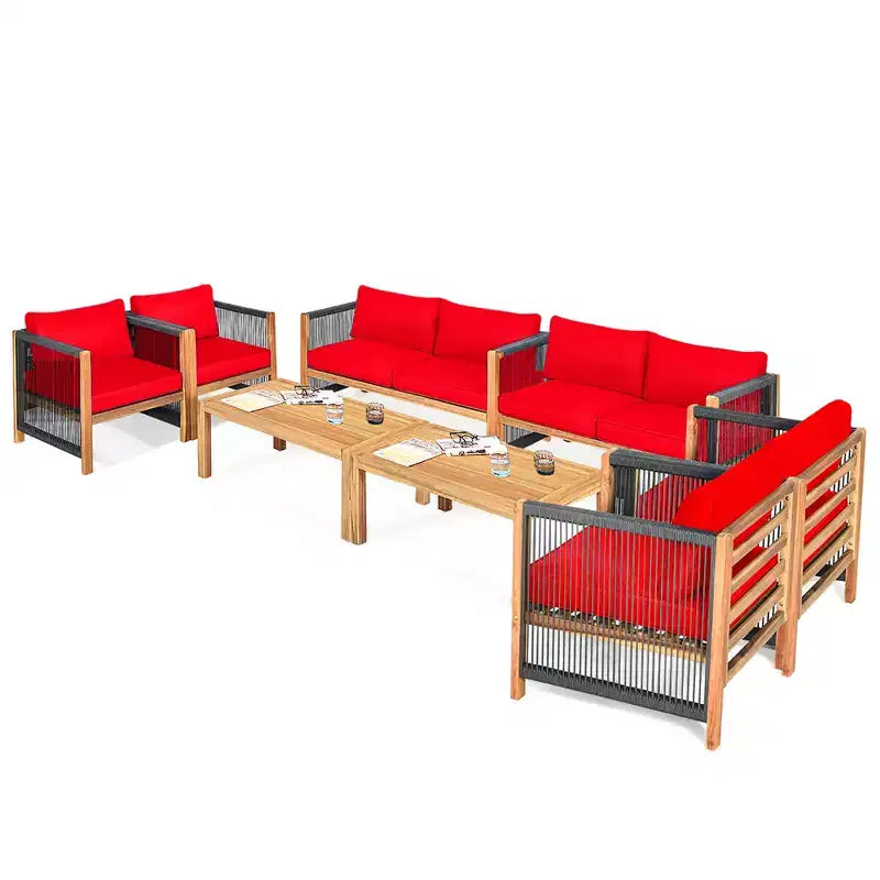 Costway 8-teilige Holz-Gartenmöbelgarnitur gepolstertes Sofa mit Seilarmlehne Weiß/Türkis/Rot
