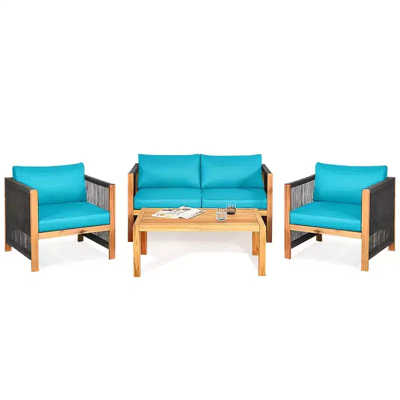 Costway 8-teilige Holz-Gartenmöbelgarnitur gepolstertes Sofa mit Seilarmlehne Weiß/Türkis/Rot