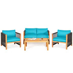 Costway 8-teilige Holz-Gartenmöbelgarnitur gepolstertes Sofa mit Seilarmlehne Weiß/Türkis/Rot