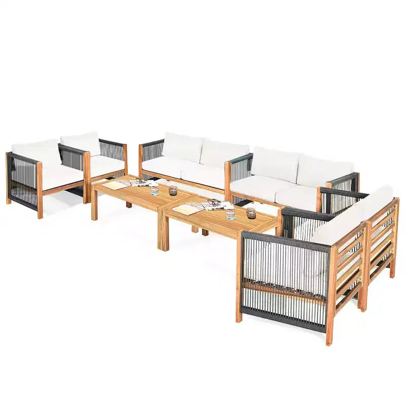 Costway 8-teilige Holz-Gartenmöbelgarnitur gepolstertes Sofa mit Seilarmlehne Weiß/Türkis/Rot