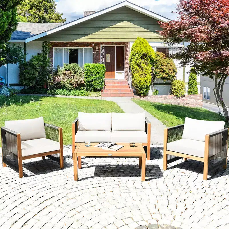 Costway 8-teilige Holz-Gartenmöbelgarnitur gepolstertes Sofa mit Seilarmlehne Weiß/Türkis/Rot