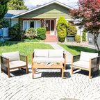 Costway 8-teilige Holz-Gartenmöbelgarnitur gepolstertes Sofa mit Seilarmlehne Weiß/Türkis/Rot