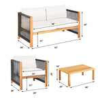 Costway 8-teilige Holz-Gartenmöbelgarnitur gepolstertes Sofa mit Seilarmlehne Weiß/Türkis/Rot