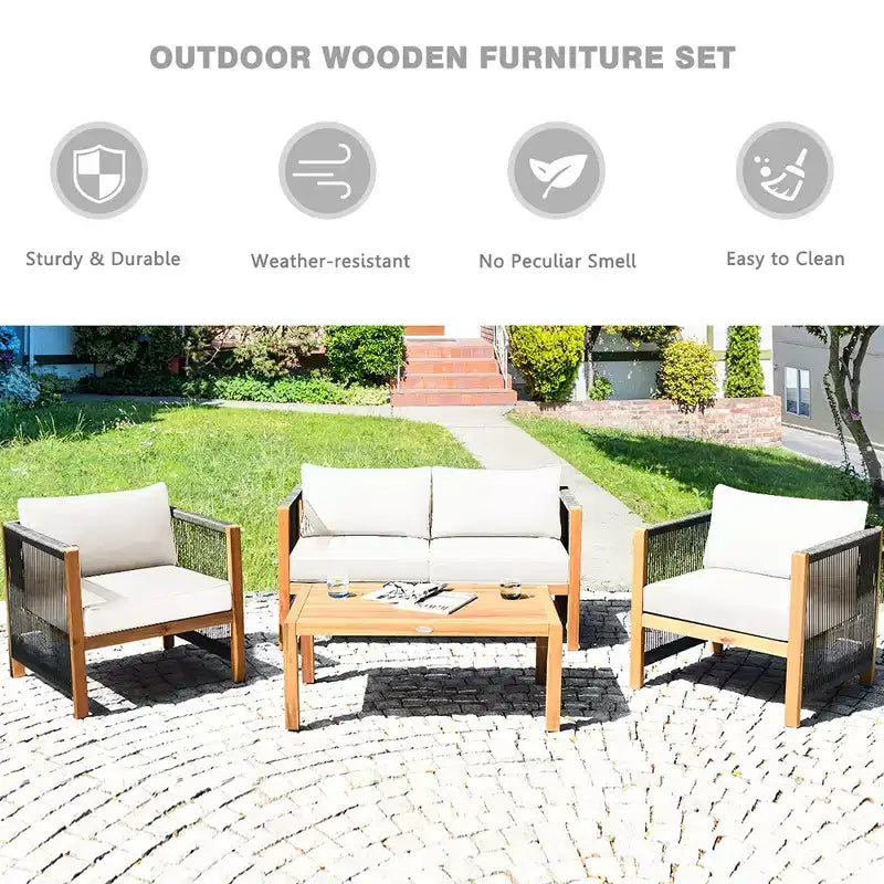 Costway 8-teilige Holz-Gartenmöbelgarnitur gepolstertes Sofa mit Seilarmlehne Weiß/Türkis/Rot