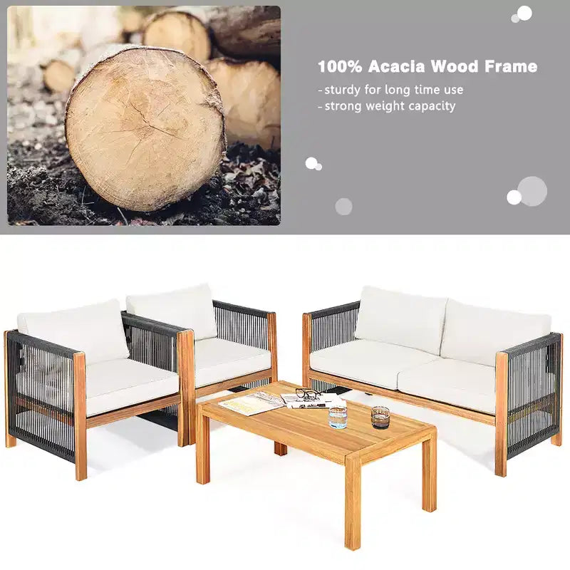 Costway 8-teilige Holz-Gartenmöbelgarnitur gepolstertes Sofa mit Seilarmlehne Weiß/Türkis/Rot