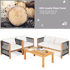 Costway 8-teilige Holz-Gartenmöbelgarnitur gepolstertes Sofa mit Seilarmlehne Weiß/Türkis/Rot