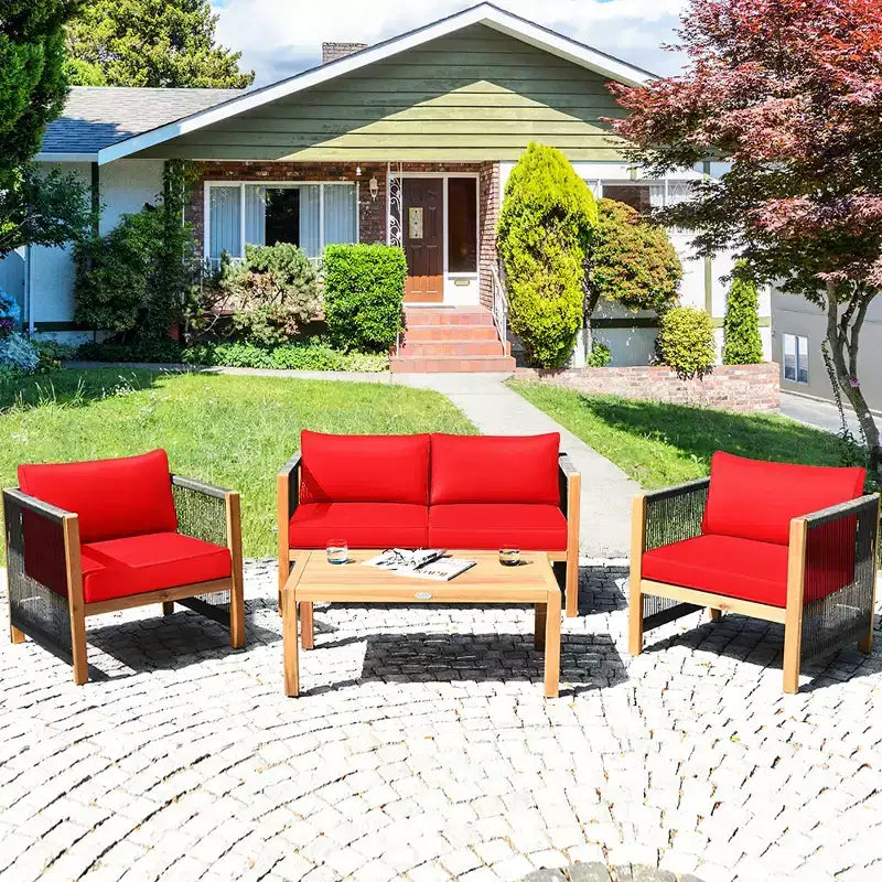 Costway 8-teilige Holz-Gartenmöbelgarnitur gepolstertes Sofa mit Seilarmlehne Weiß/Türkis/Rot