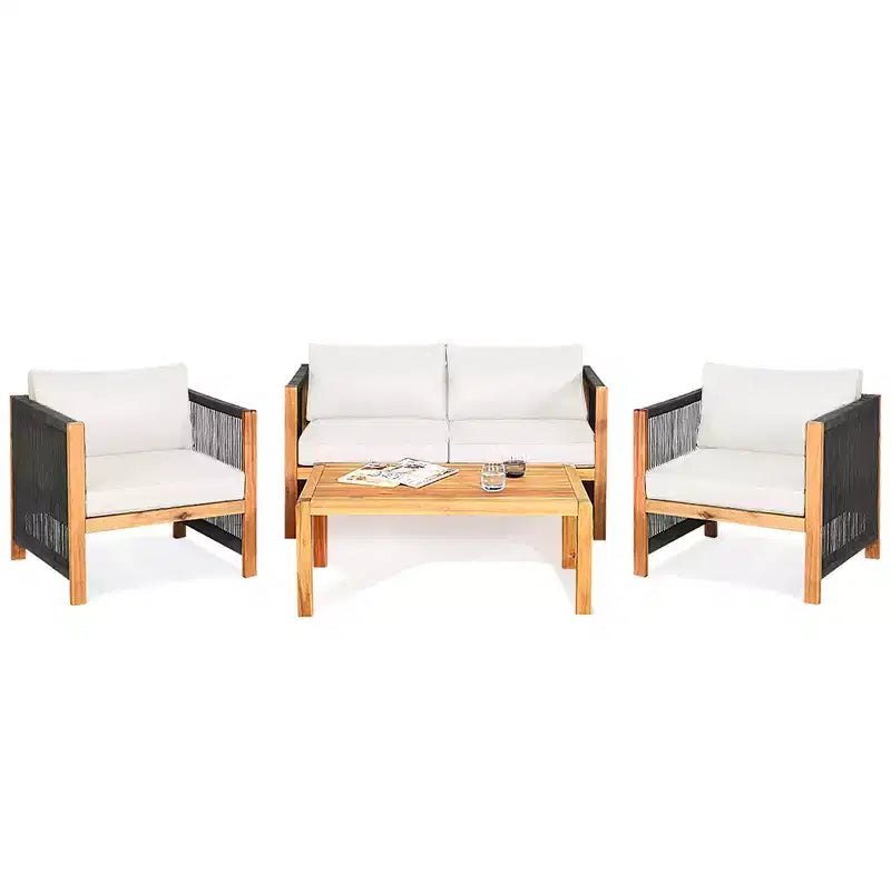 Costway 8-teilige Holz-Gartenmöbelgarnitur gepolstertes Sofa mit Seilarmlehne Weiß/Türkis/Rot