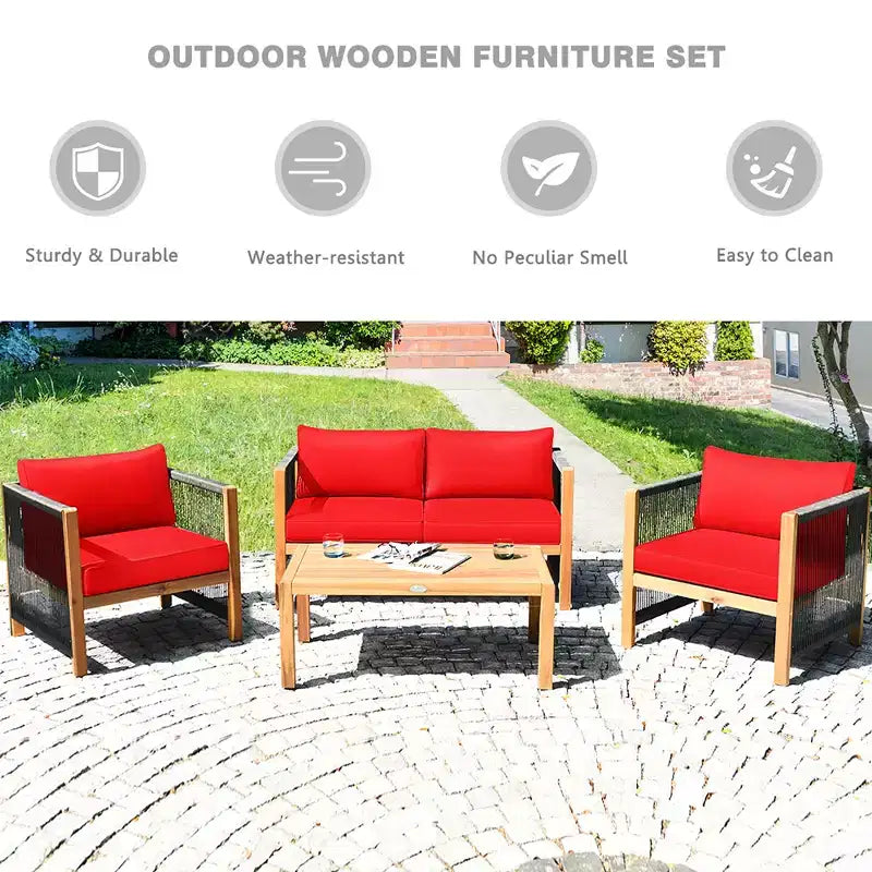 Costway 8-teilige Holz-Gartenmöbelgarnitur gepolstertes Sofa mit Seilarmlehne Weiß/Türkis/Rot