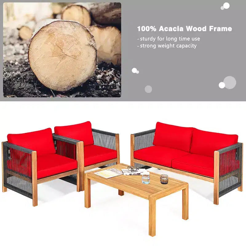 Costway 8-teilige Holz-Gartenmöbelgarnitur gepolstertes Sofa mit Seilarmlehne Weiß/Türkis/Rot