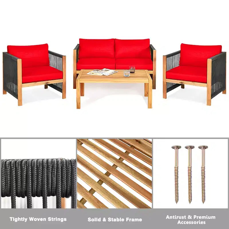 Costway 8-teilige Holz-Gartenmöbelgarnitur gepolstertes Sofa mit Seilarmlehne Weiß/Türkis/Rot