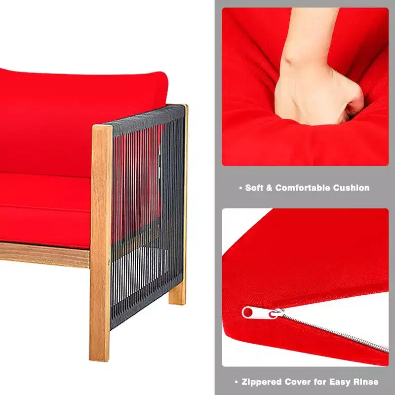 Costway 8-teilige Holz-Gartenmöbelgarnitur gepolstertes Sofa mit Seilarmlehne Weiß/Türkis/Rot