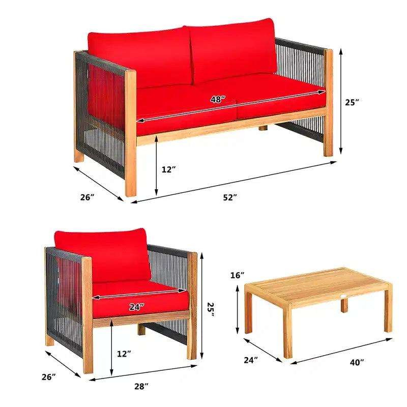 Costway 8-teilige Holz-Gartenmöbelgarnitur gepolstertes Sofa mit Seilarmlehne Weiß/Türkis/Rot