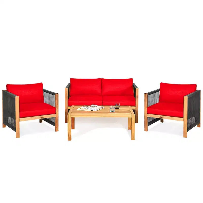 Costway 8-teilige Holz-Gartenmöbelgarnitur gepolstertes Sofa mit Seilarmlehne Weiß/Türkis/Rot