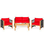 Costway 8-teilige Holz-Gartenmöbelgarnitur gepolstertes Sofa mit Seilarmlehne Weiß/Türkis/Rot