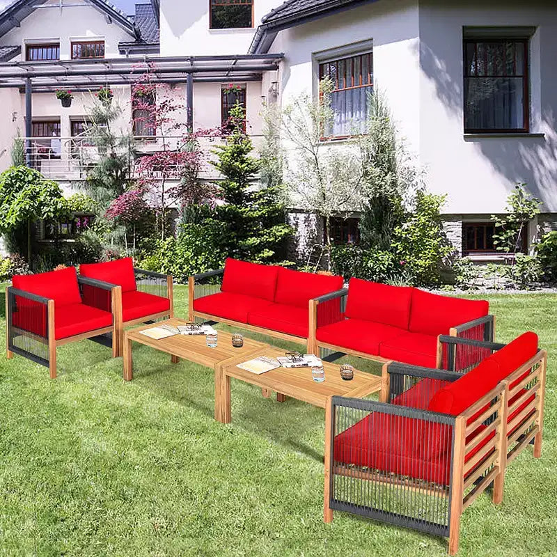 Costway 8PCS Wooden Patio Furniture Set Cushioned Sofa W/Rope Armrest White\Turquoise\Red
