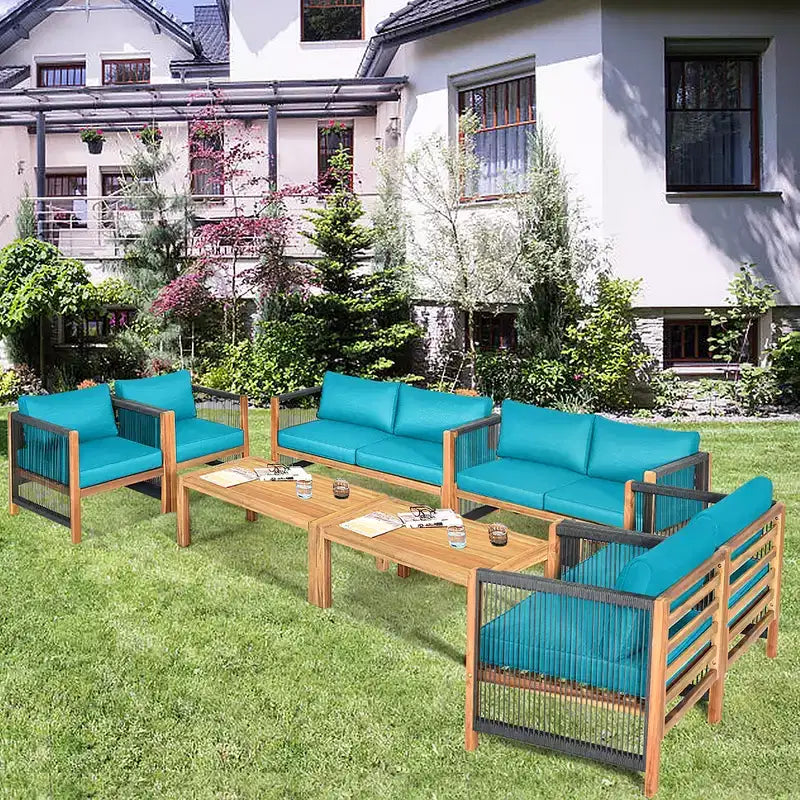 Costway 8-teilige Holz-Gartenmöbelgarnitur gepolstertes Sofa mit Seilarmlehne Weiß/Türkis/Rot