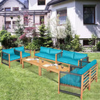 Costway 8-teilige Holz-Gartenmöbelgarnitur gepolstertes Sofa mit Seilarmlehne Weiß/Türkis/Rot