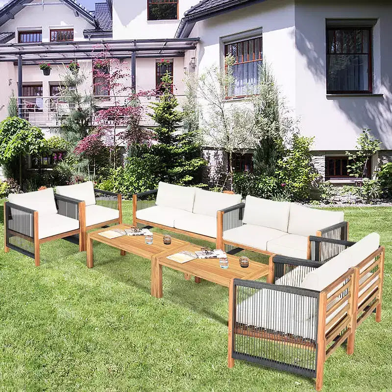 Costway 8-teilige Holz-Gartenmöbelgarnitur gepolstertes Sofa mit Seilarmlehne Weiß/Türkis/Rot