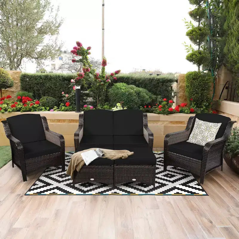 Costway 5PCS Patio Rattan Furniture Set Loveseat Sofa Ottoman W/Red\White Cushion