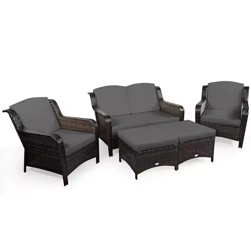 Costway 5-teiliges Terrassenmöbelset aus Rattan, Sofa, Ottomane mit rot/weißem Kissen