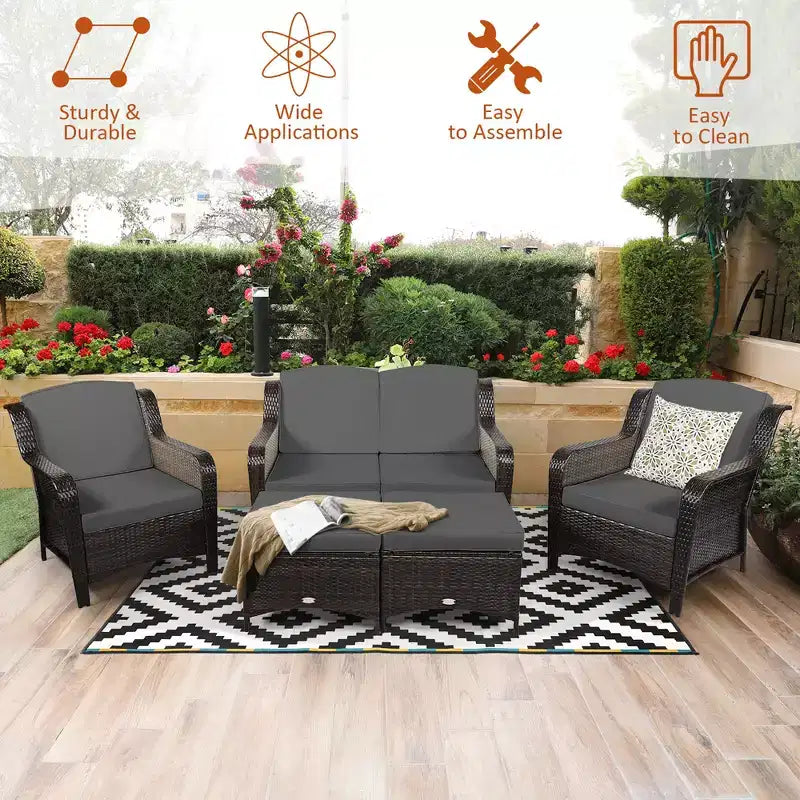 Costway 5-teiliges Terrassenmöbelset aus Rattan, Sofa, Ottomane mit rot/weißem Kissen