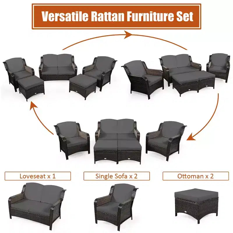 Costway 5-teiliges Terrassenmöbelset aus Rattan, Sofa, Ottomane mit rot/weißem Kissen