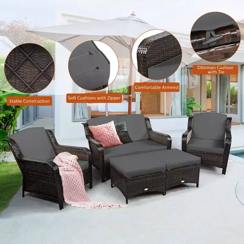 Costway 5-teiliges Terrassenmöbelset aus Rattan, Sofa, Ottomane mit rot/weißem Kissen