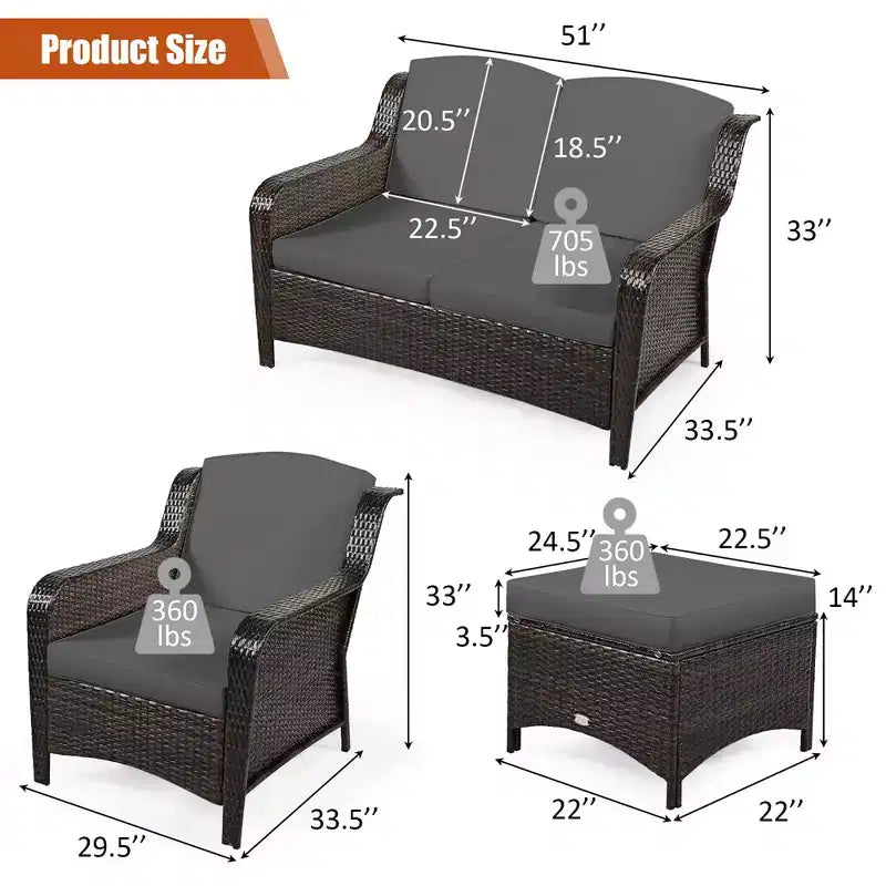 Costway 5-teiliges Terrassenmöbelset aus Rattan, Sofa, Ottomane mit rot/weißem Kissen