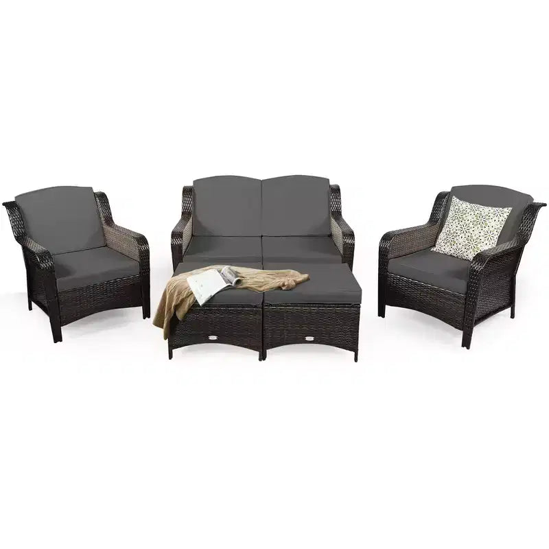 Costway 5-teiliges Terrassenmöbelset aus Rattan, Sofa, Ottomane mit rot/weißem Kissen