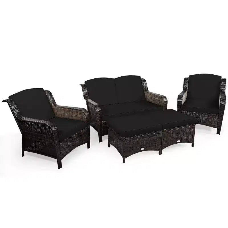 Costway 5-teiliges Terrassenmöbelset aus Rattan, Sofa, Ottomane mit rot/weißem Kissen
