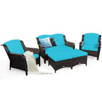 Costway 5-teiliges Terrassenmöbelset aus Rattan, Sofa, Ottomane mit rot/weißem Kissen
